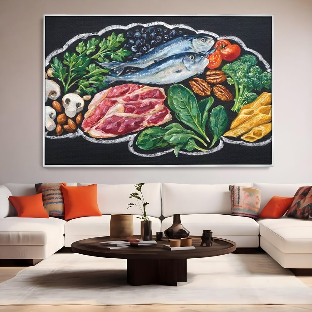 Tablou canvas cu pictura cu alimente variate pe fundal negru, in rama de aluminiu argintiu, pe perete intr-un living
