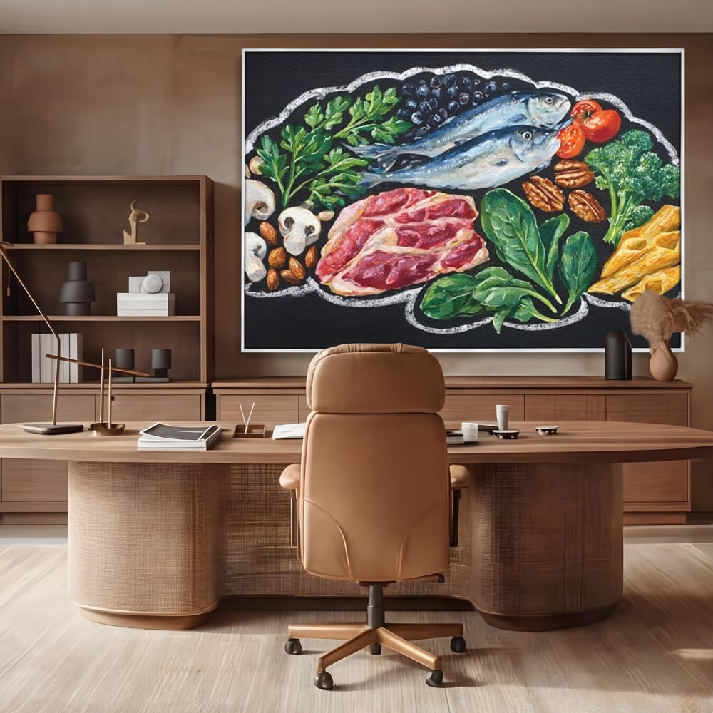 Tablou canvas cu pictura cu alimente variate pe fundal negru, in rama de aluminiu argintiu, pe perete intr-un birou