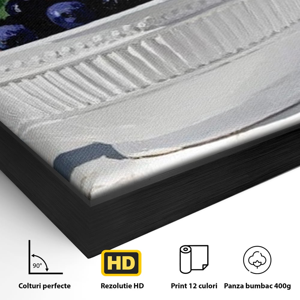 Detaliu al suprafetei: pictura cu bol alb si fructe, in rama de aluminiu negru