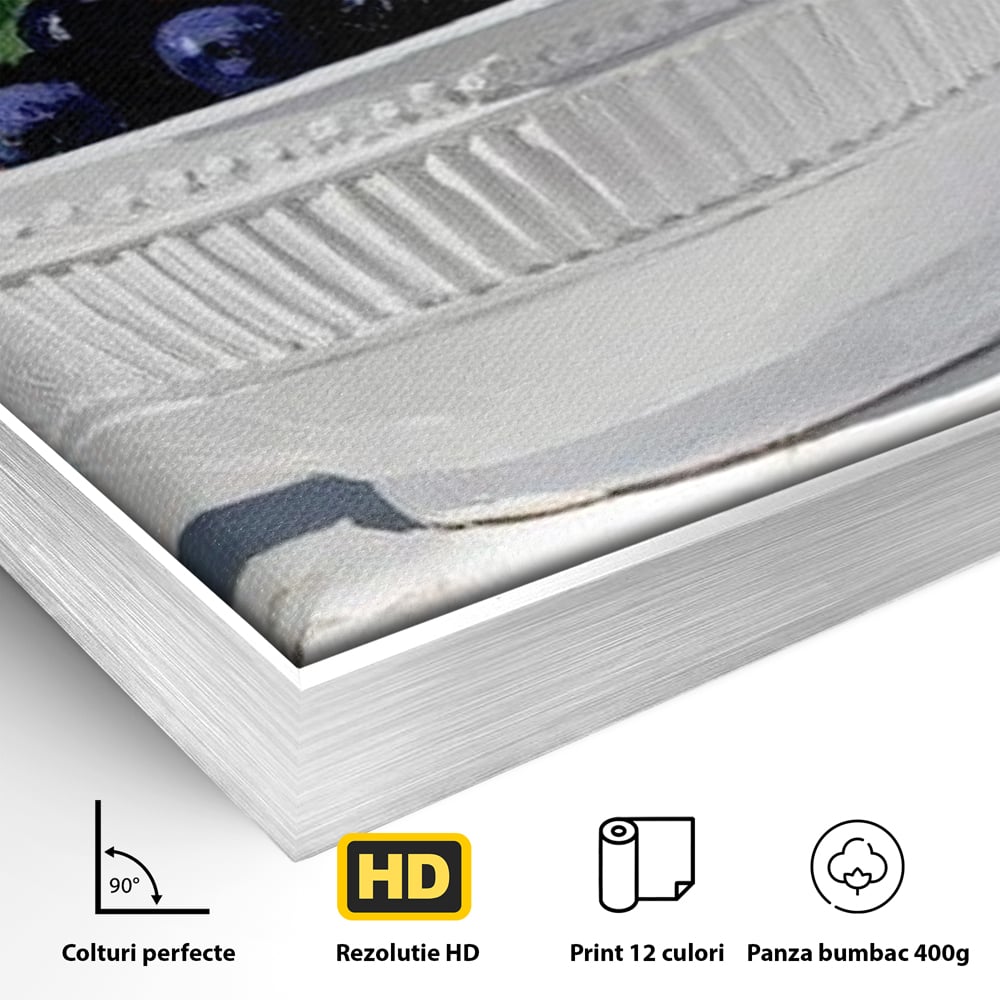 Detaliu al suprafetei: pictura cu bol alb si fructe, in rama de aluminiu argintiu