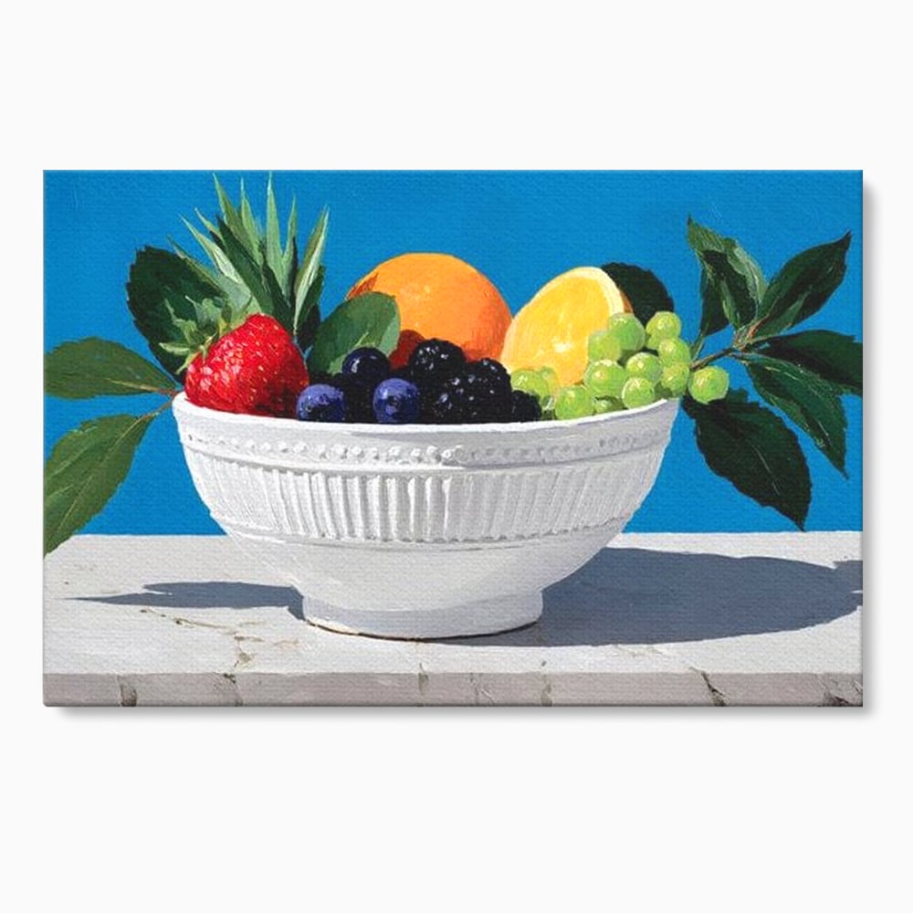 Tablou canvas cu pictura cu bol alb si fructe, fara rama, pe sasiu de lemn