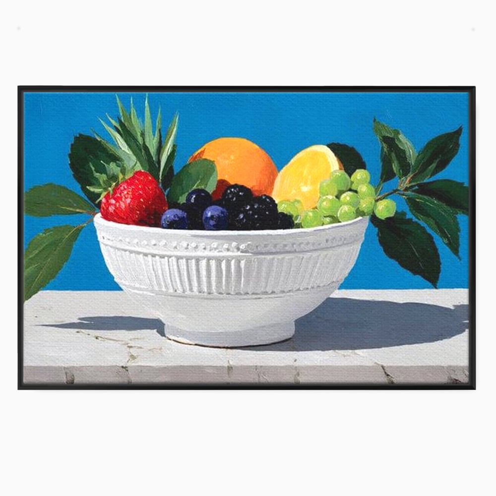 Tablou canvas cu pictura cu bol alb si fructe, in rama de aluminiu negru