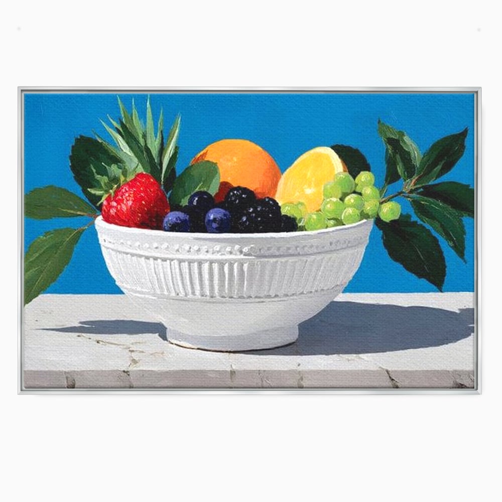 Tablou canvas cu pictura cu bol alb si fructe, in rama de aluminiu argintiu