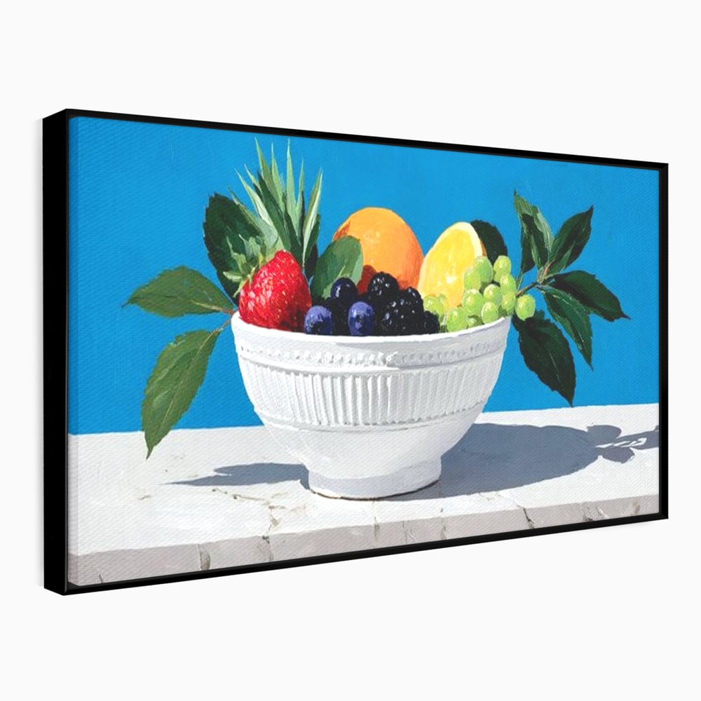 Tablou canvas cu pictura cu bol alb si fructe, in rama de aluminiu negru