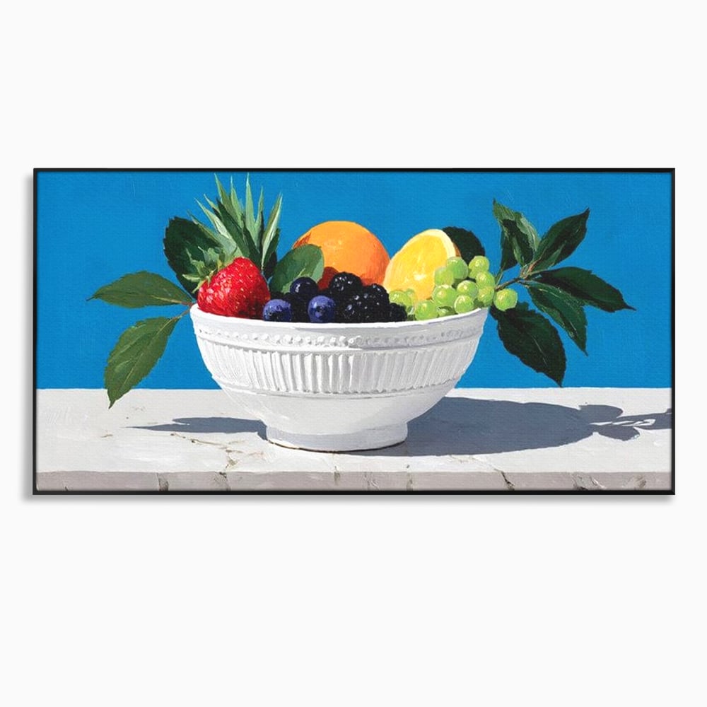 Tablou canvas cu pictura cu bol alb si fructe, in rama de aluminiu negru