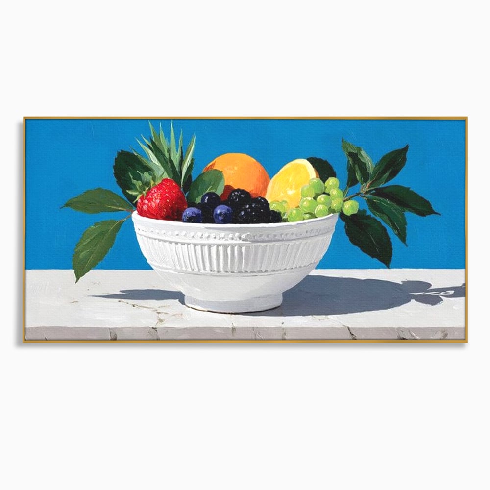 Tablou canvas cu pictura cu bol alb si fructe, in rama de aluminiu auriu