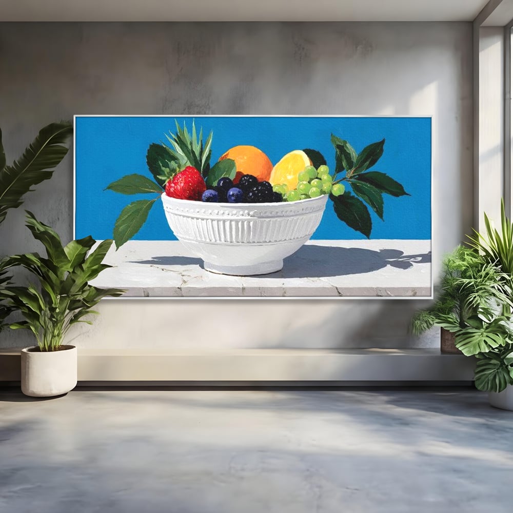 Tablou canvas cu pictura cu bol alb si fructe, in rama de aluminiu argintiu