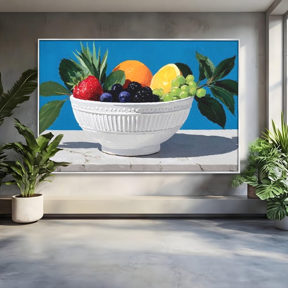 Tablou canvas cu pictura cu bol alb si fructe, in rama de aluminiu argintiu