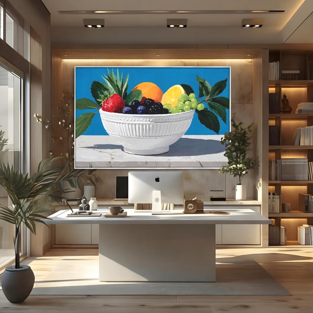 Tablou canvas cu pictura cu bol alb si fructe, in rama de aluminiu argintiu, pe perete intr-un birou
