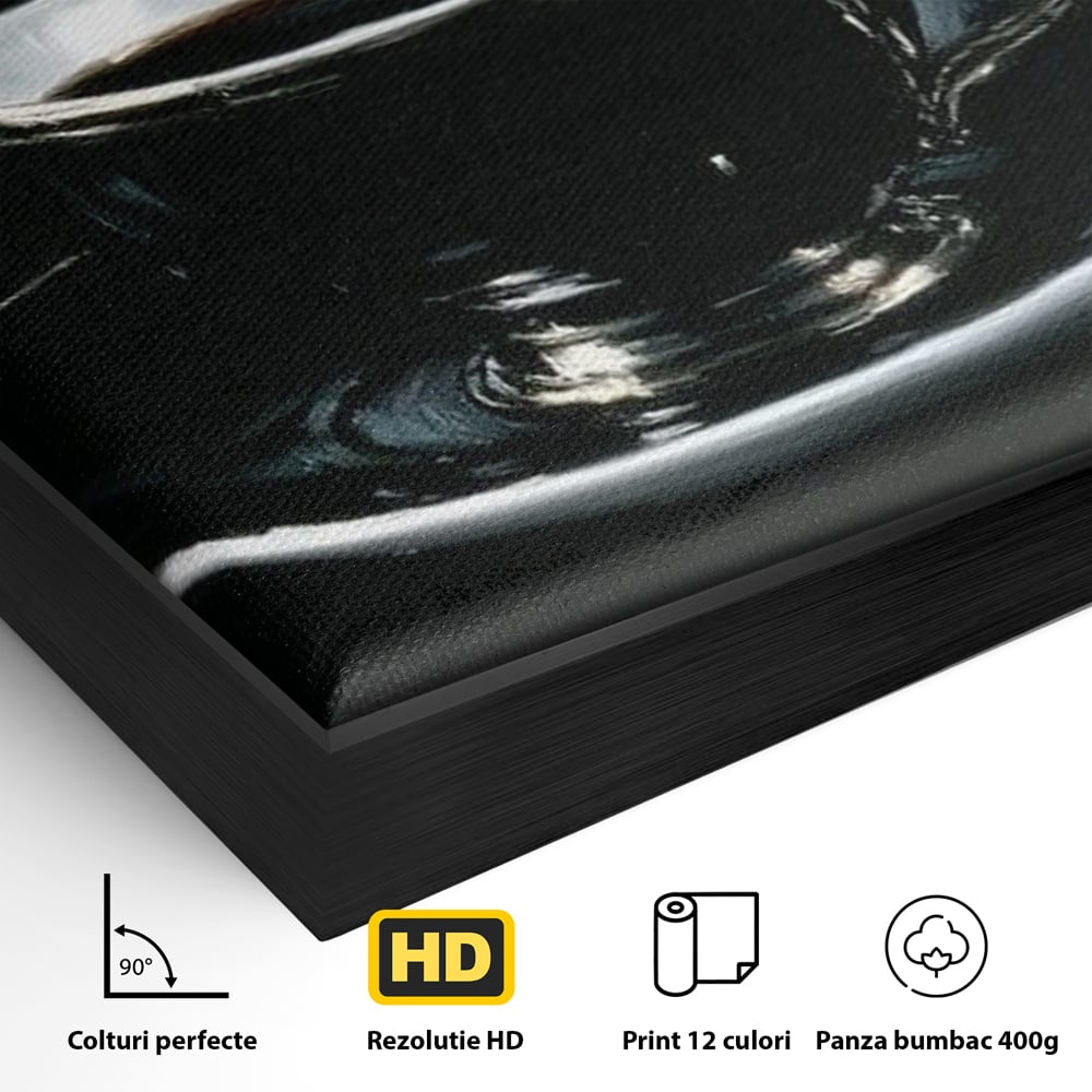 Detaliu al suprafetei: tablou canvas cu ceasca de cafea si planeta, in rama de aluminiu negru