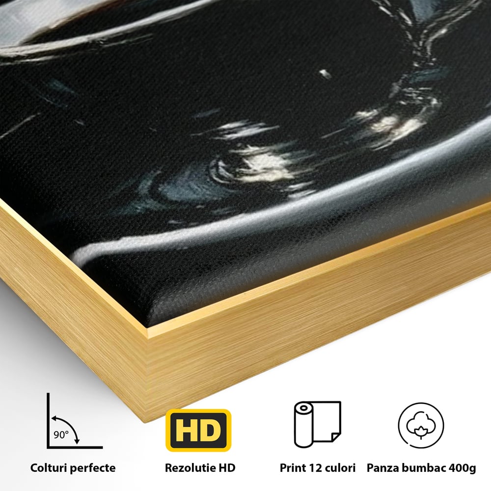 Detaliu al suprafetei: tablou canvas cu ceasca de cafea si planeta, in rama de aluminiu auriu