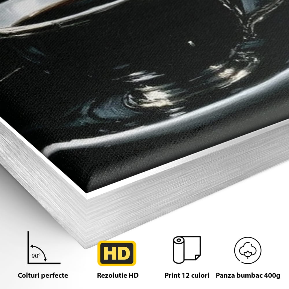 Detaliu al suprafetei: tablou canvas cu ceasca de cafea si planeta, in rama de aluminiu argintiu