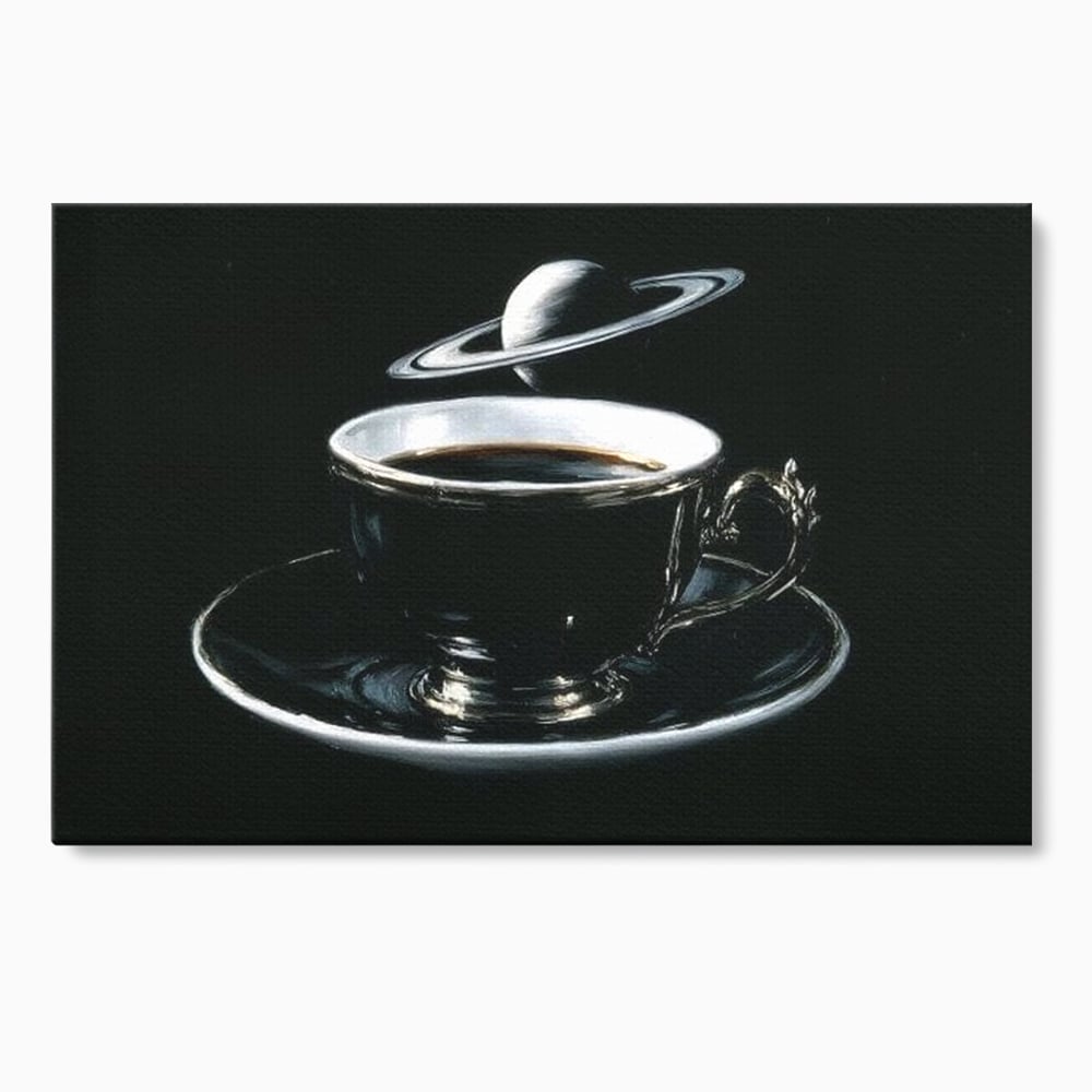 Tablou canvas cu tablou canvas cu ceasca de cafea si planeta, fara rama, pe sasiu de lemn