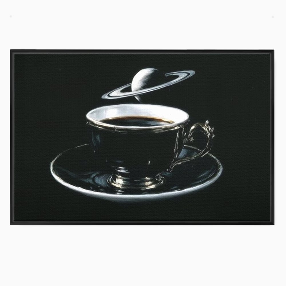 Tablou canvas cu tablou canvas cu ceasca de cafea si planeta, in rama de aluminiu negru