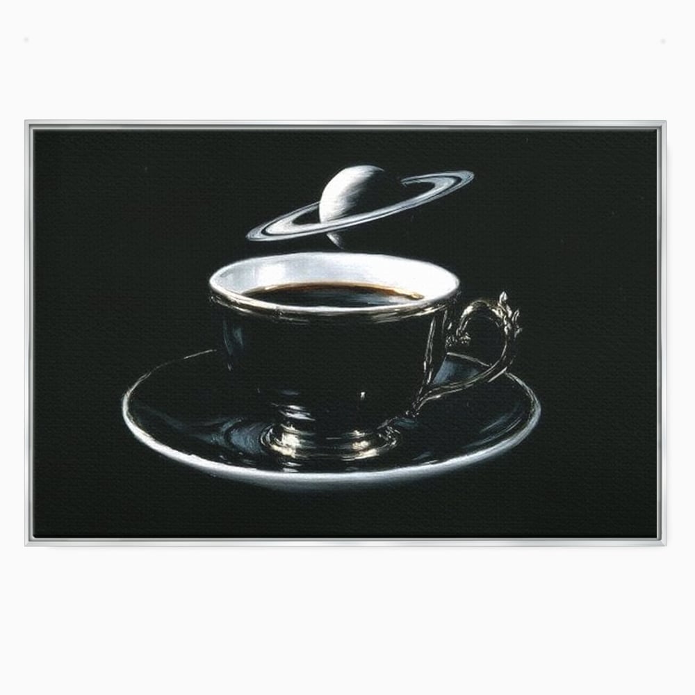 Tablou canvas cu tablou canvas cu ceasca de cafea si planeta, in rama de aluminiu argintiu