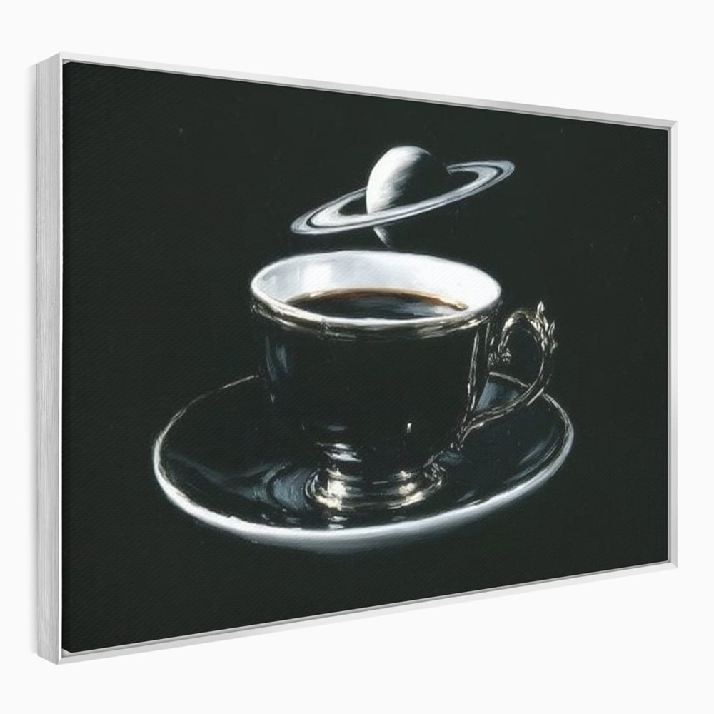 Tablou canvas cu tablou canvas cu ceasca de cafea si planeta, in rama de aluminiu argintiu