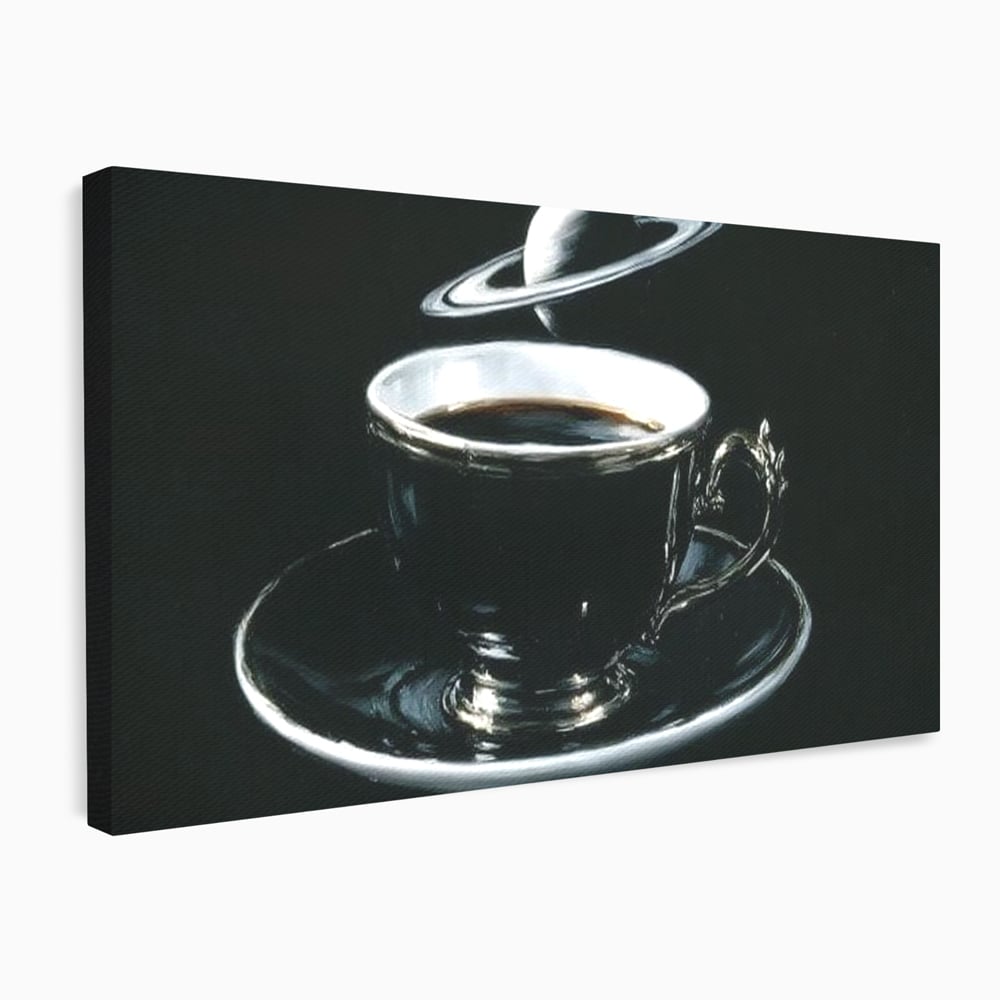 Tablou canvas cu tablou canvas cu ceasca de cafea si planeta, fara rama, pe sasiu de lemn
