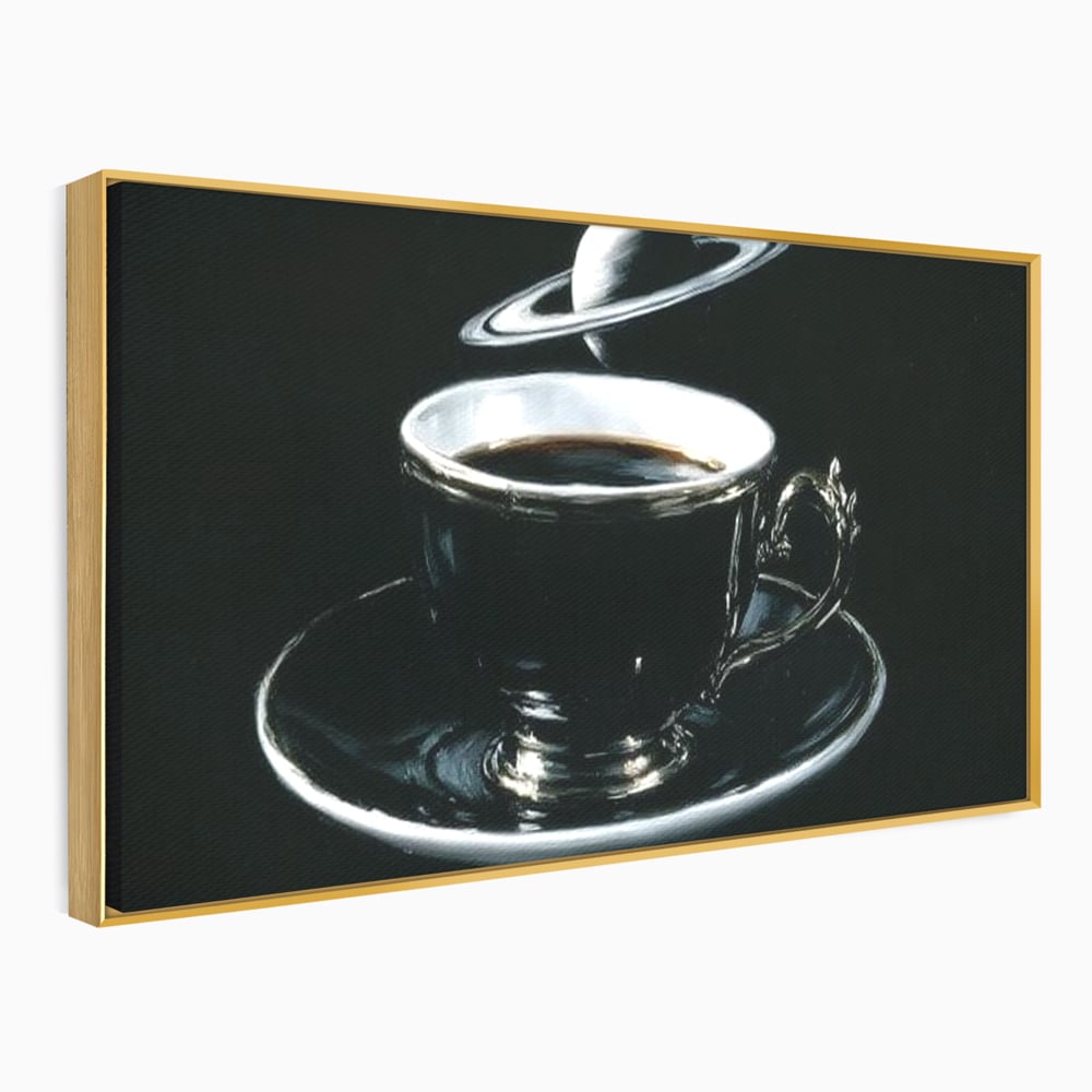 Tablou canvas cu tablou canvas cu ceasca de cafea si planeta, in rama de aluminiu auriu