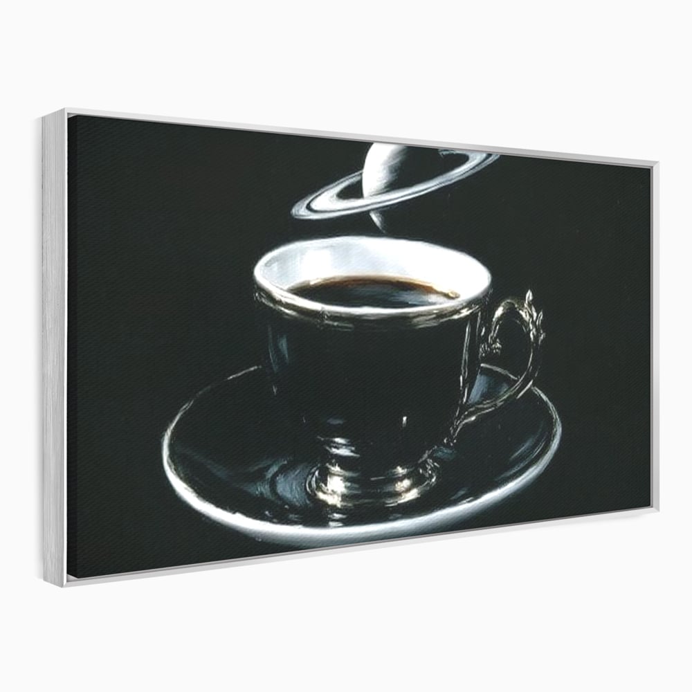 Tablou canvas cu tablou canvas cu ceasca de cafea si planeta, in rama de aluminiu argintiu