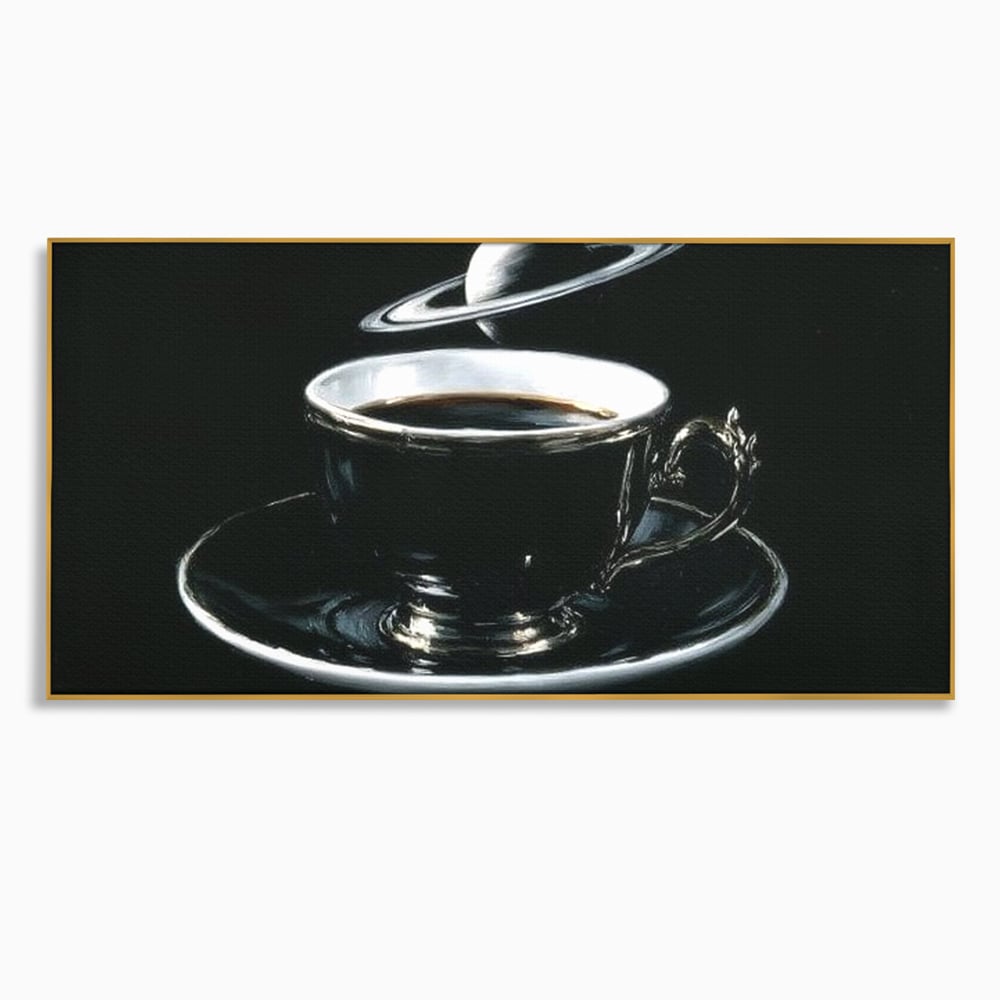 Tablou canvas cu tablou canvas cu ceasca de cafea si planeta, in rama de aluminiu auriu