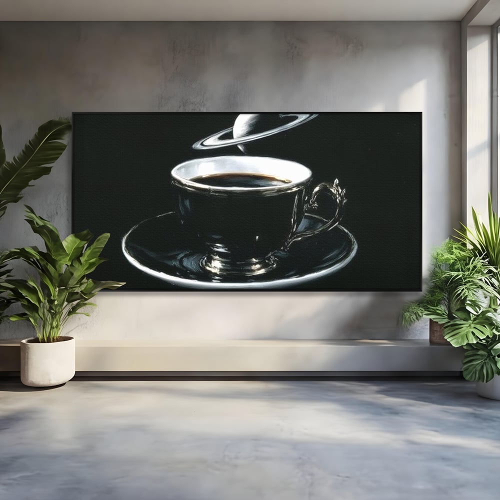 Tablou canvas cu tablou canvas cu ceasca de cafea si planeta, in rama de aluminiu negru
