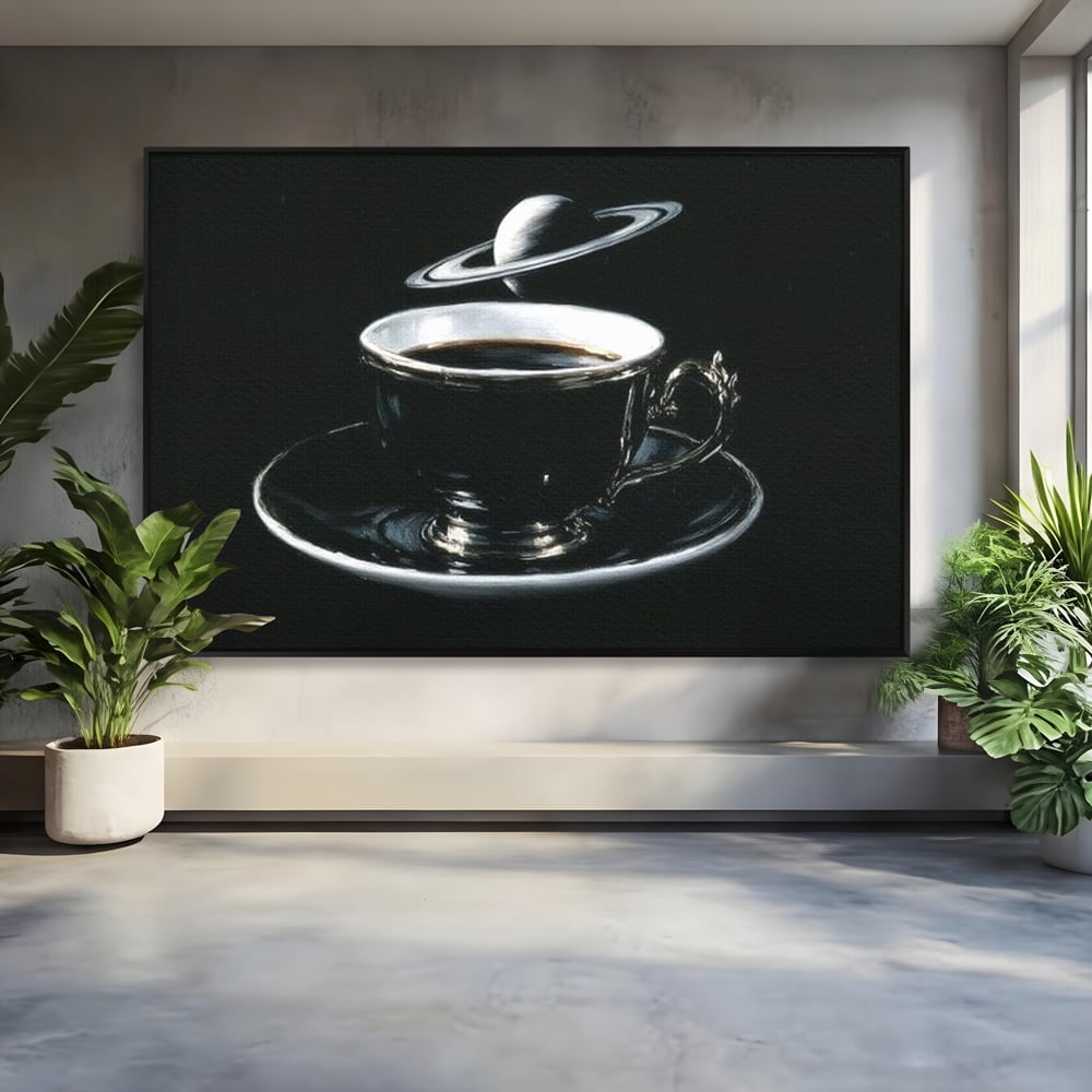 Tablou canvas cu tablou canvas cu ceasca de cafea si planeta, in rama de aluminiu negru