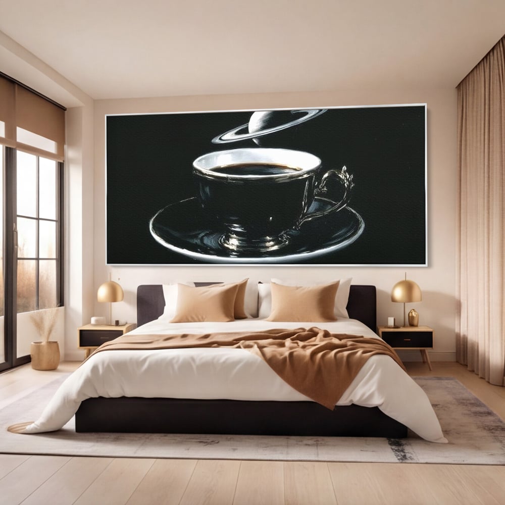 Tablou canvas cu tablou canvas cu ceasca de cafea si planeta, in rama de aluminiu argintiu, pe perete intr-un dormitor