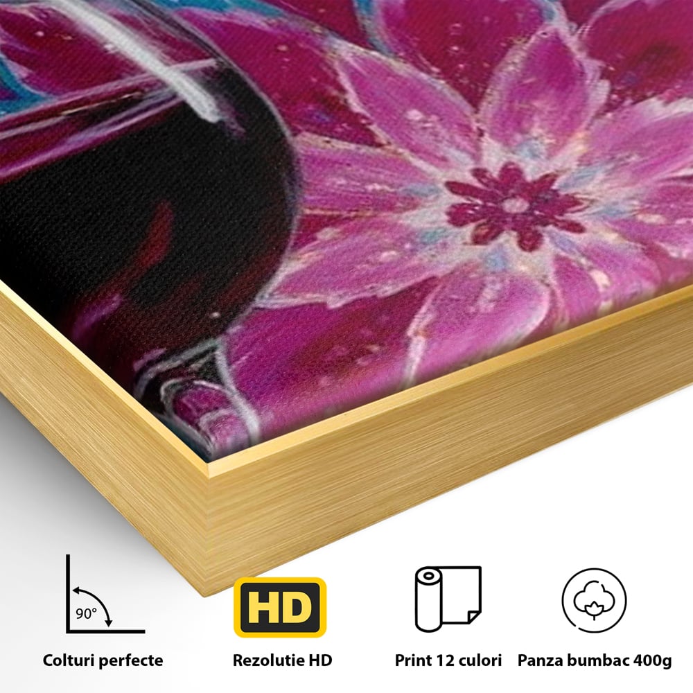 Detaliu al suprafetei: tablou canvas cu pahar de vin si mandala, in rama de aluminiu auriu