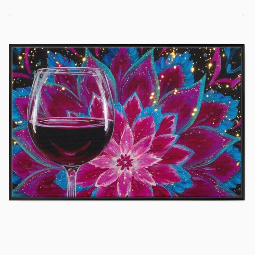 Tablou canvas cu tablou canvas cu pahar de vin si mandala, in rama de aluminiu negru
