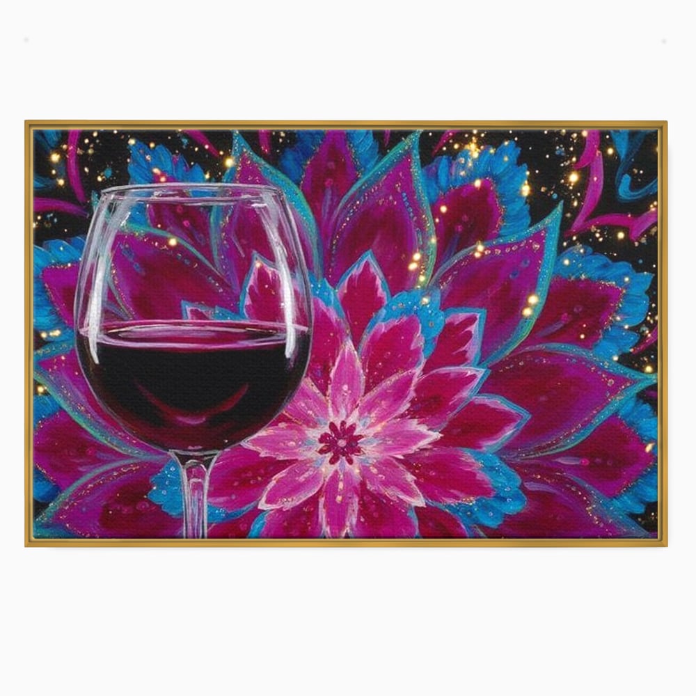 Tablou canvas cu tablou canvas cu pahar de vin si mandala, in rama de aluminiu auriu