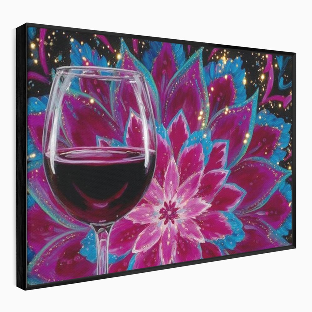 Tablou canvas cu tablou canvas cu pahar de vin si mandala, in rama de aluminiu negru