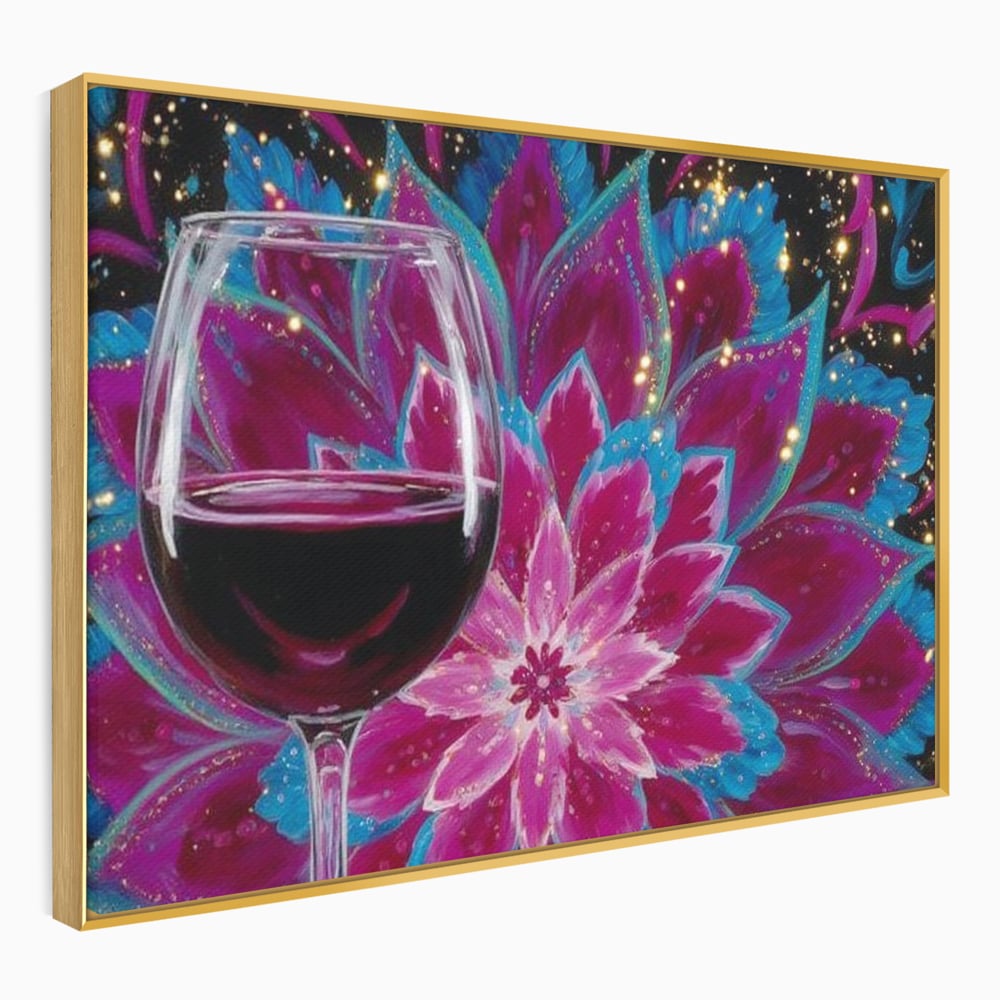 Tablou canvas cu tablou canvas cu pahar de vin si mandala, in rama de aluminiu auriu