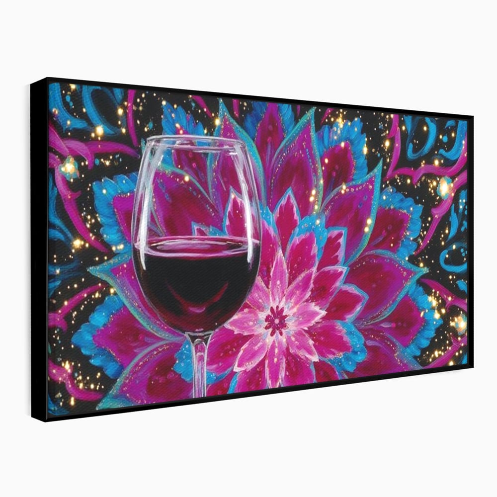 Tablou canvas cu tablou canvas cu pahar de vin si mandala, in rama de aluminiu negru