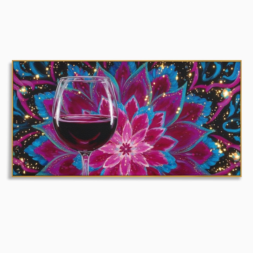 Tablou canvas cu tablou canvas cu pahar de vin si mandala, in rama de aluminiu auriu