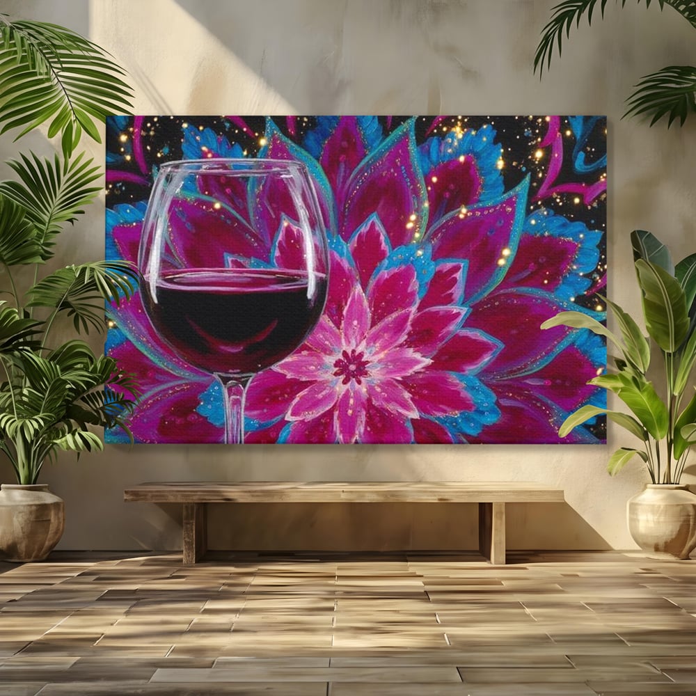 Tablou canvas cu tablou canvas cu pahar de vin si mandala, fara rama, pe sasiu de lemn