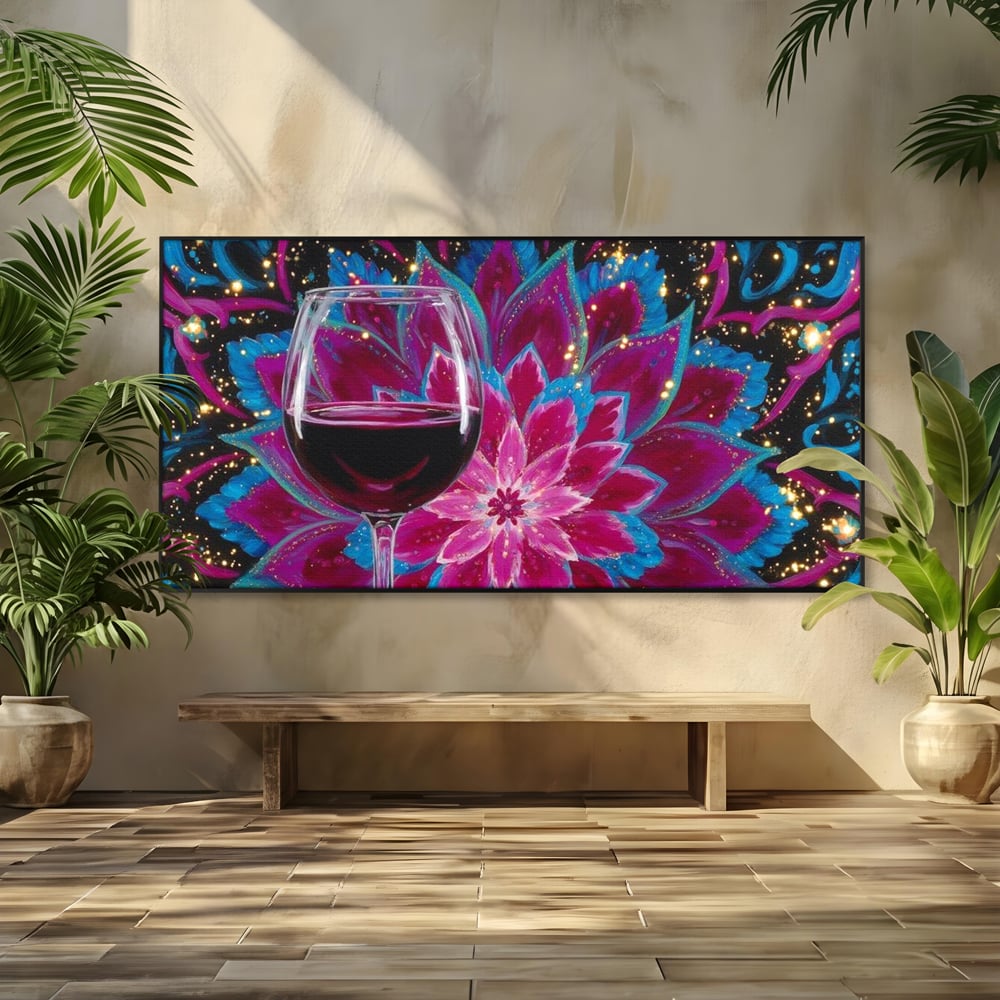 Tablou canvas cu tablou canvas cu pahar de vin si mandala, in rama de aluminiu negru