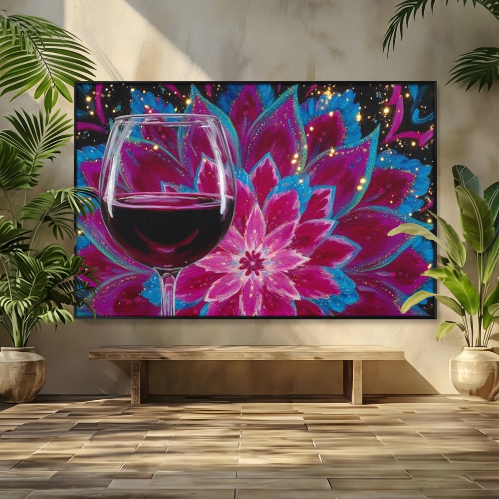 Tablou canvas cu tablou canvas cu pahar de vin si mandala, in rama de aluminiu negru