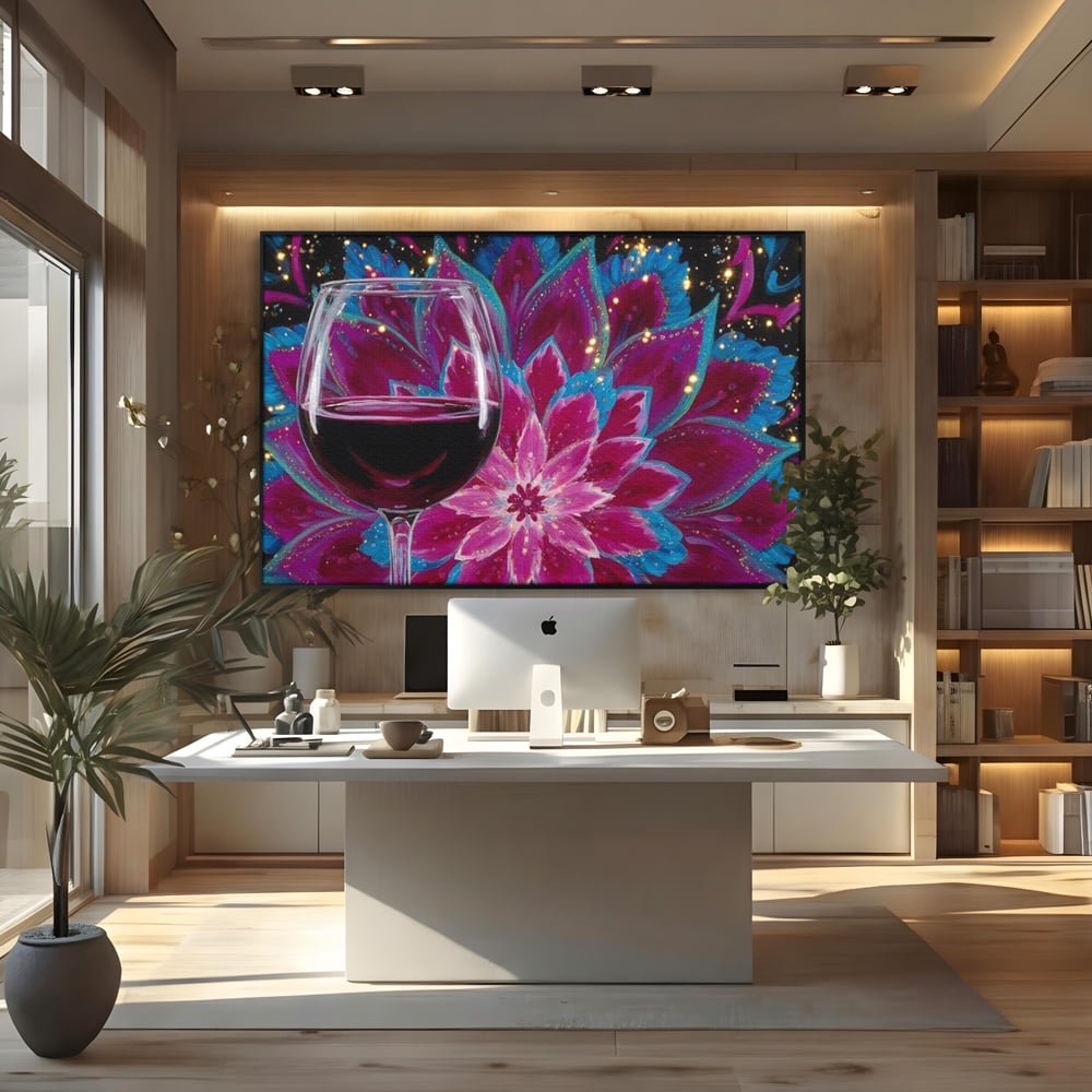 Tablou canvas cu tablou canvas cu pahar de vin si mandala, in rama de aluminiu negru, pe perete intr-un birou