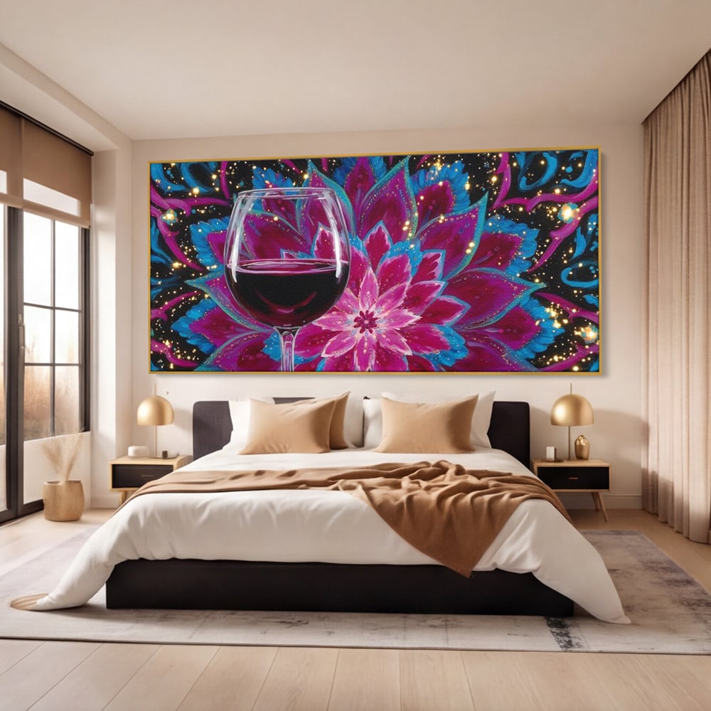 Tablou canvas cu tablou canvas cu pahar de vin si mandala, in rama de aluminiu auriu, pe perete intr-un dormitor