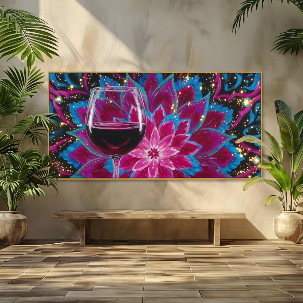 Tablou canvas cu tablou canvas cu pahar de vin si mandala, in rama de aluminiu auriu