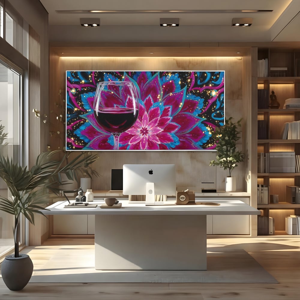Tablou canvas cu tablou canvas cu pahar de vin si mandala, in rama de aluminiu argintiu, pe perete intr-un birou