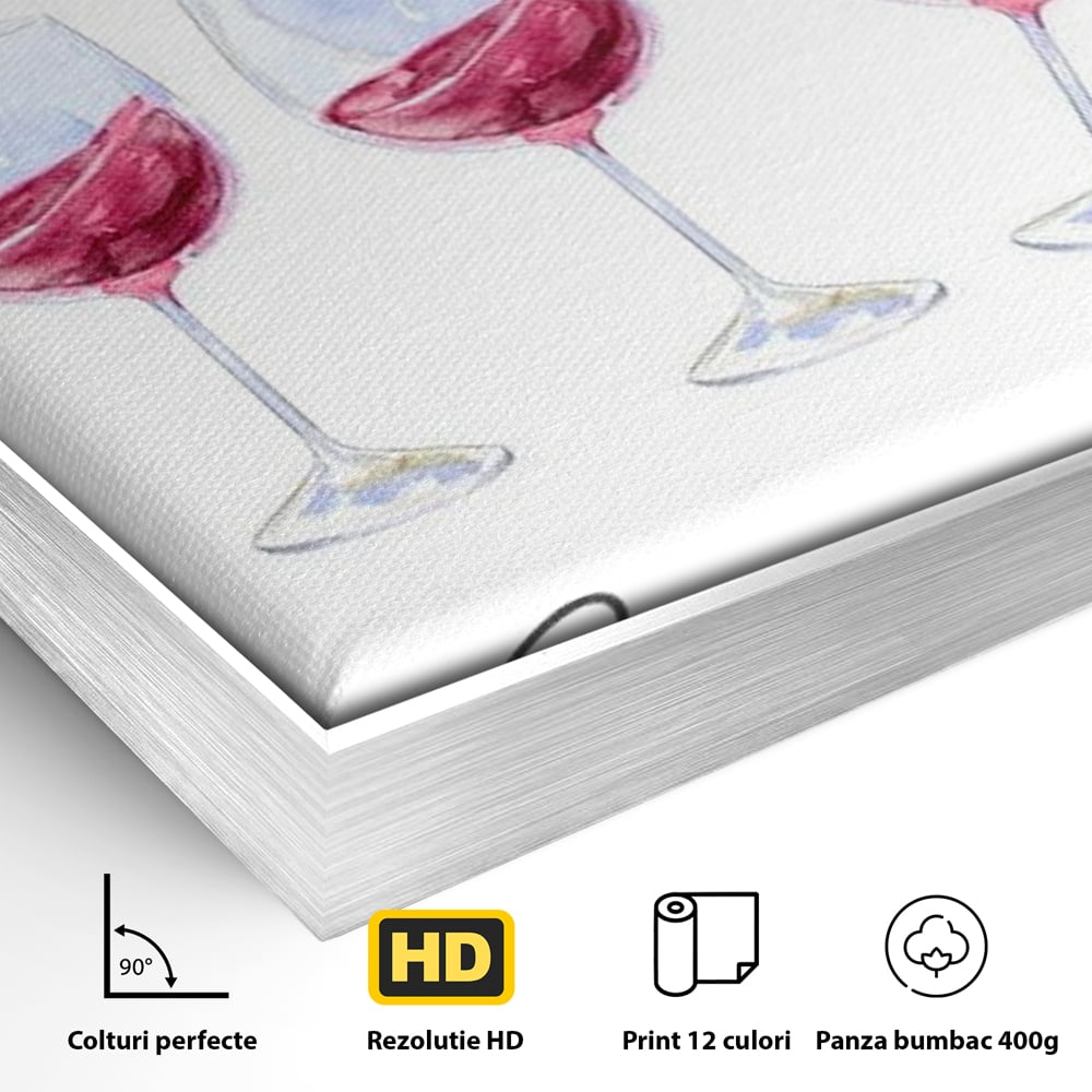 Detaliu al suprafetei: tablou canvas cu pahare de vin si mesaj, in rama de aluminiu argintiu