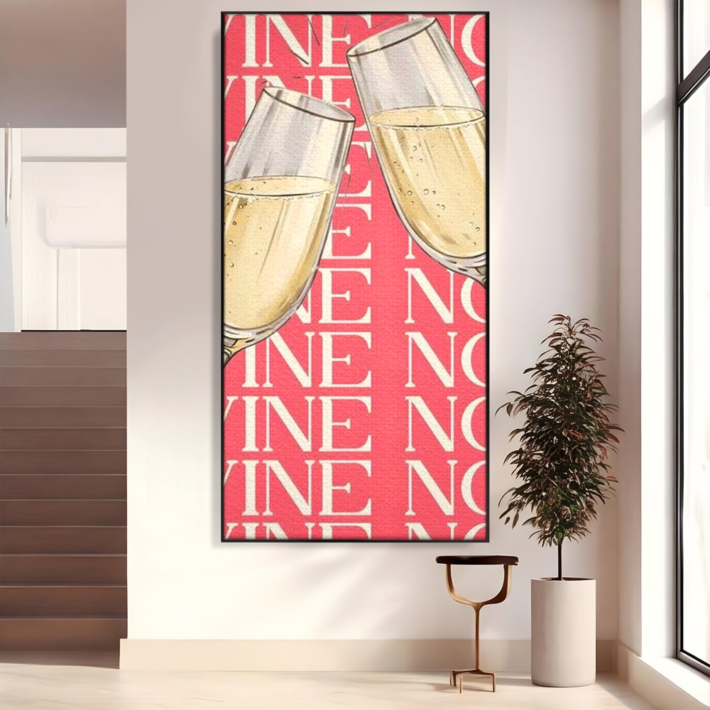 Tablou canvas cu doua pahare cu sampanie si text roz, in rama de aluminiu negru