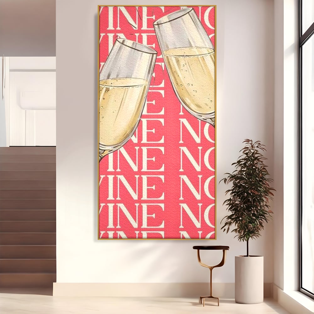 Tablou canvas cu doua pahare cu sampanie si text roz, in rama de aluminiu auriu