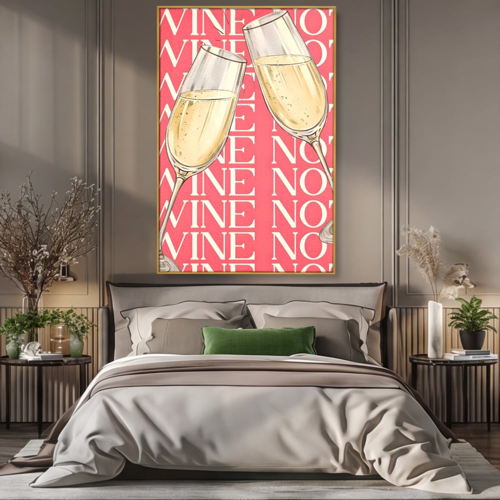 Tablou canvas cu doua pahare cu sampanie si text roz, in rama de aluminiu auriu, pe perete intr-un dormitor
