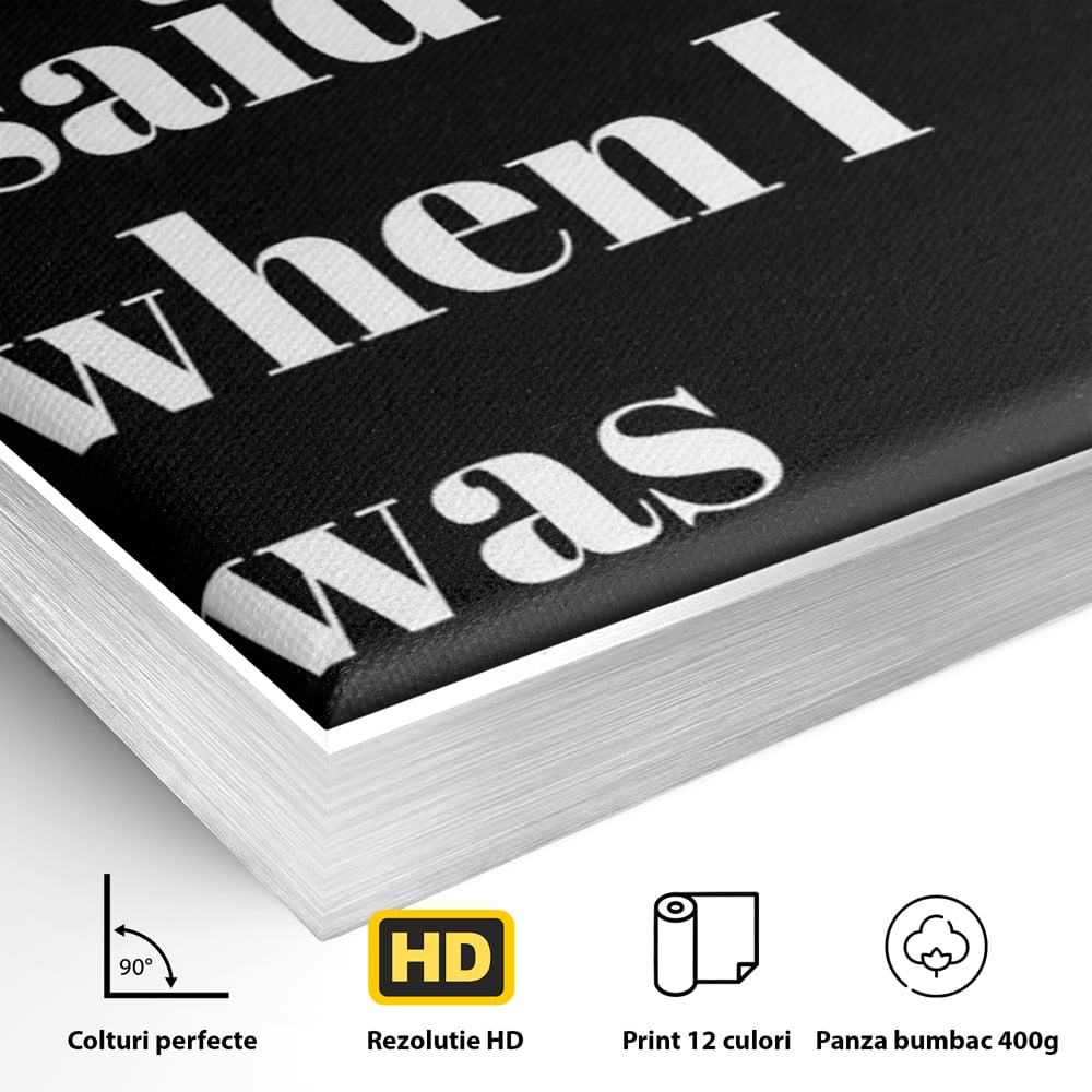 Detaliu al suprafetei: tablou canvas cu mesaj text amuzant pe fond negru, in rama de aluminiu argintiu