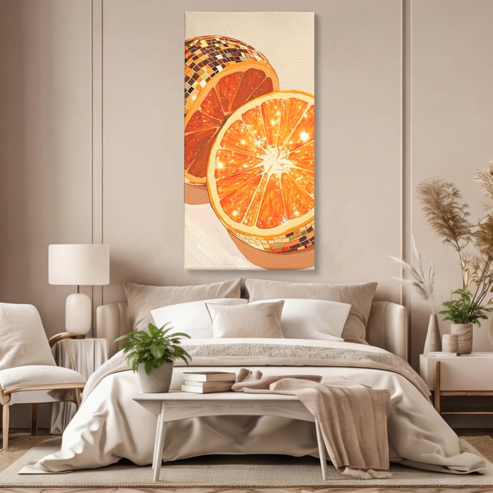 Tablou canvas cu ilustratie digitala cu felii de portocala si globuri disco, fara rama, pe sasiu de lemn, pe perete intr-un dormitor