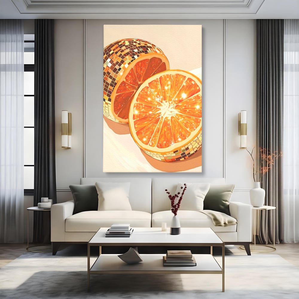 Tablou canvas cu ilustratie digitala cu felii de portocala si globuri disco, fara rama, pe sasiu de lemn, pe perete intr-un living