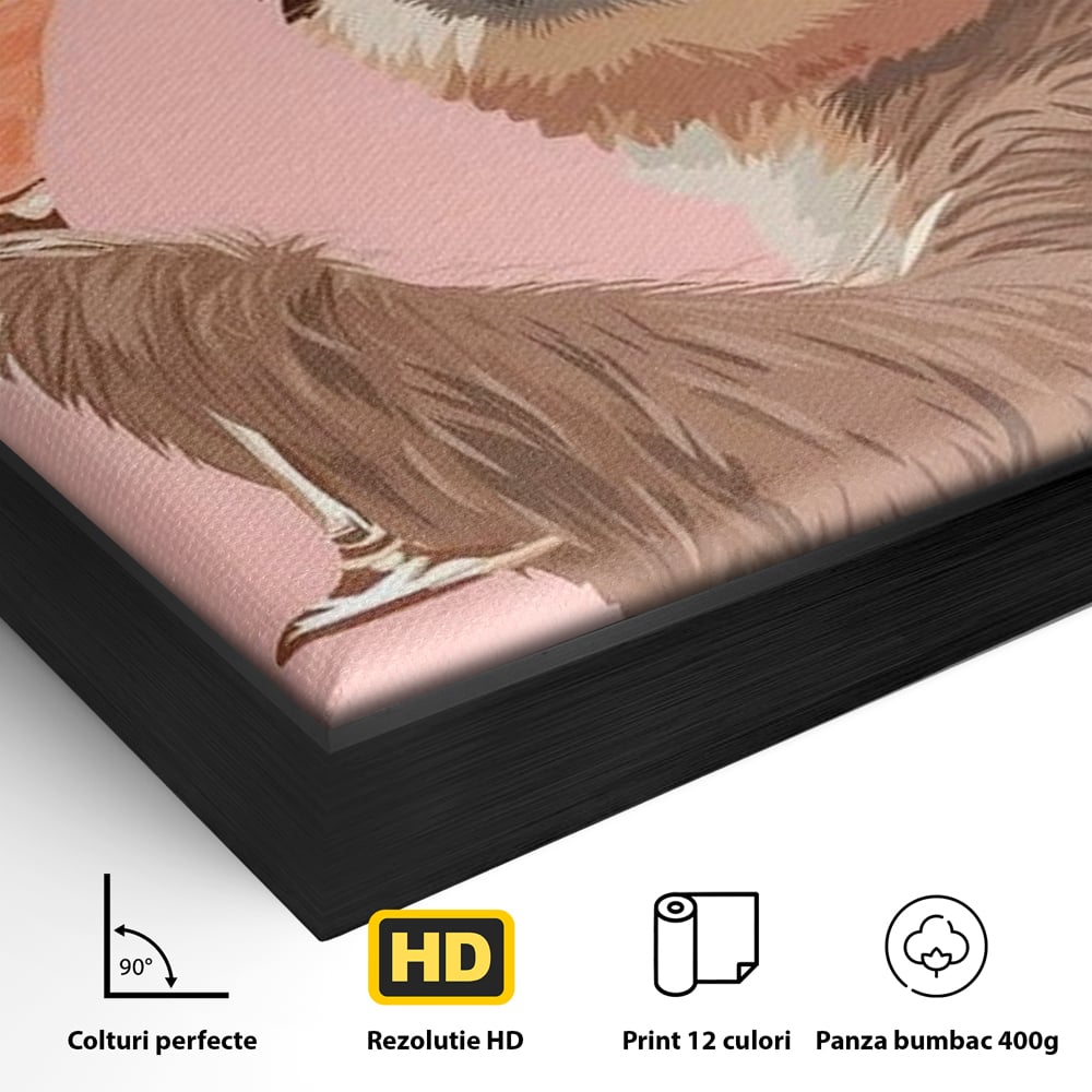 Detaliu al suprafetei: tablou canvas cu lenes tinand cocktail, in rama de aluminiu negru
