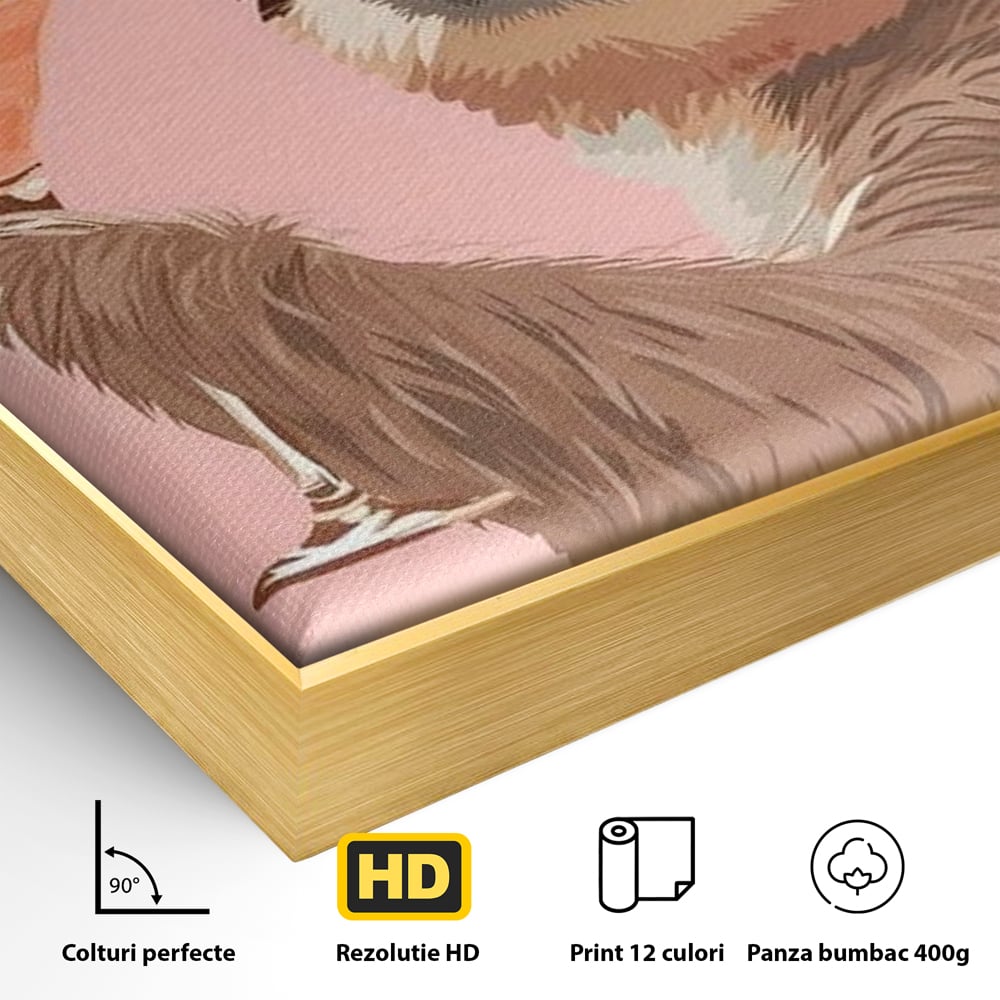 Detaliu al suprafetei: tablou canvas cu lenes tinand cocktail, in rama de aluminiu auriu